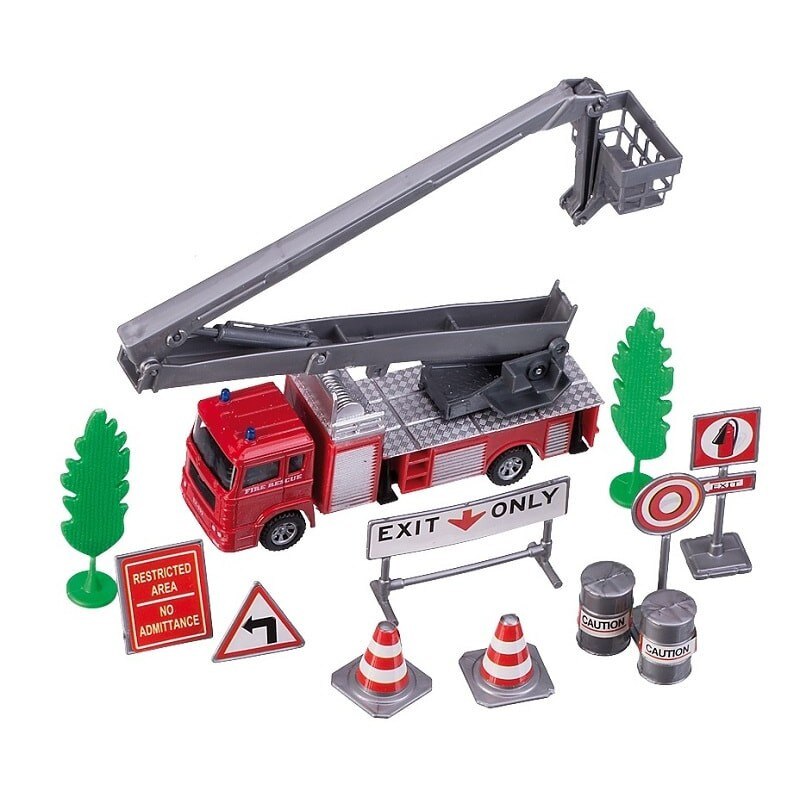 Set masina pompieri rosie cu macara si accesorii, Happy People