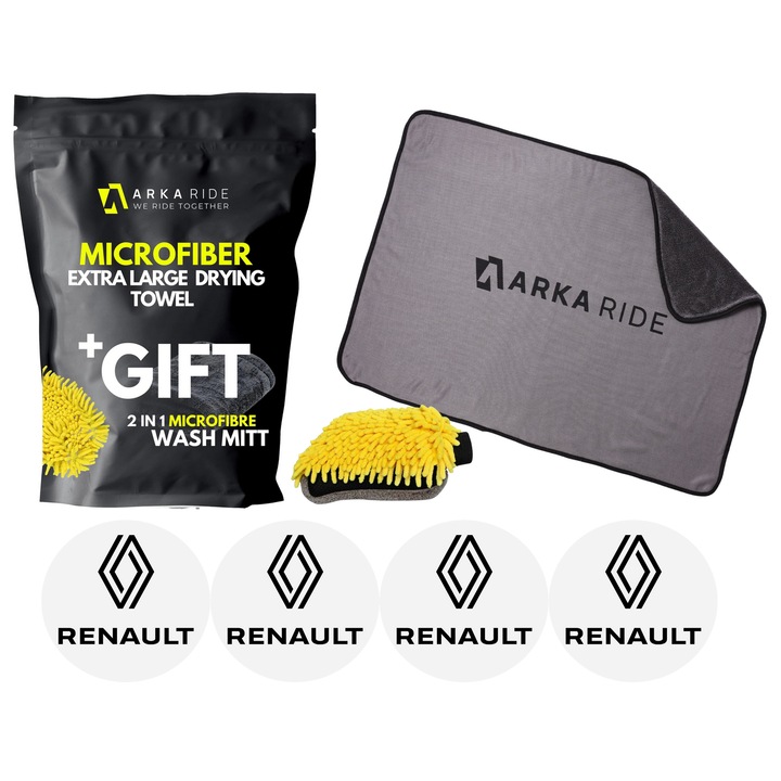 Set Prosop Microfibra XXL Ultra Large + Manusa Premium, pentru stergere si uscare autoturism auto si 4 stickere autoadezive RENAULT