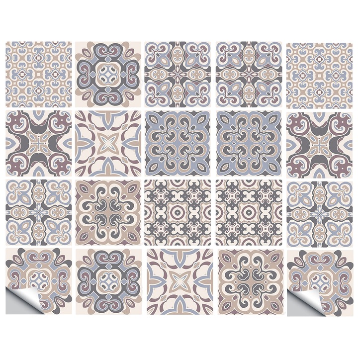 Set 20 autocolante pentru faianta, Enforose, gri vintage, 15x15cm