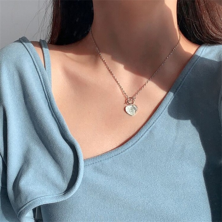 Colier dama inima, Cupru, Placat cu argint, Argintiu, 40+5cm