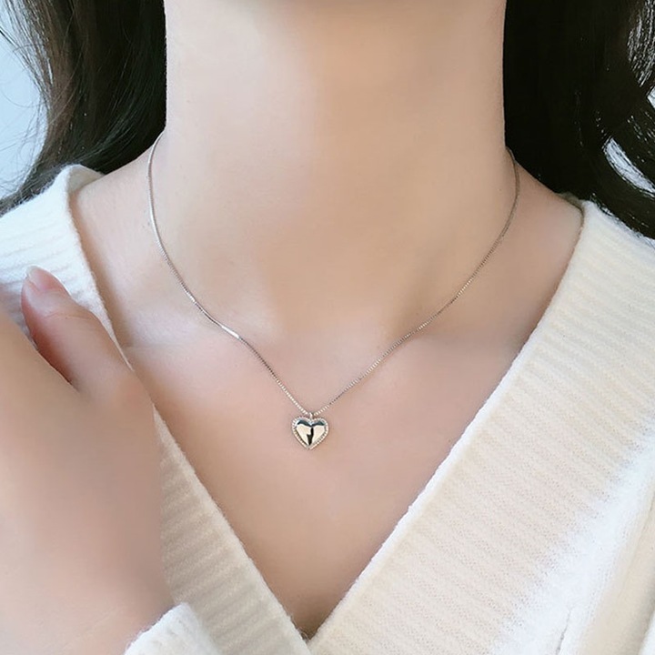 Colier dama inima, Cupru, Placat cu argint, Argintiu, 40+5cm