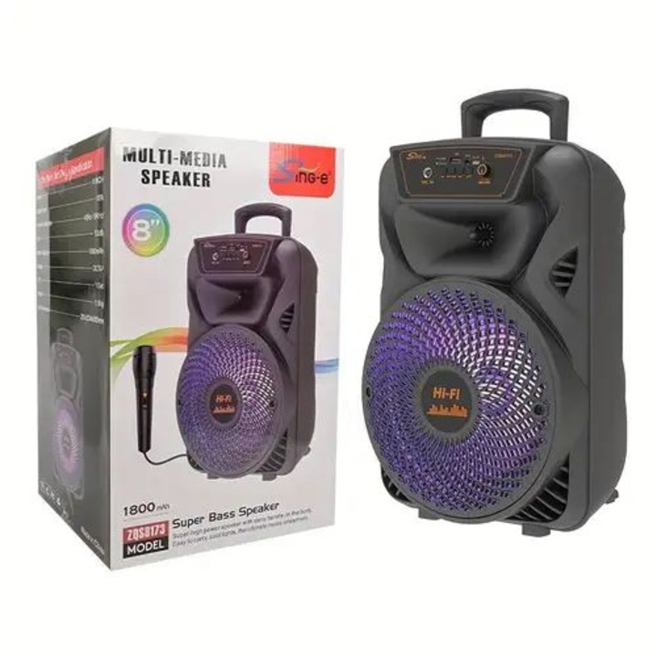Boxa Portabila HOZRO, Model ZQS-8173, 1800mAh, Conectivitate BT/FM/AUX/USB, Efecte RGB, Microfon Inclus pentru Muzica si Karaoke
