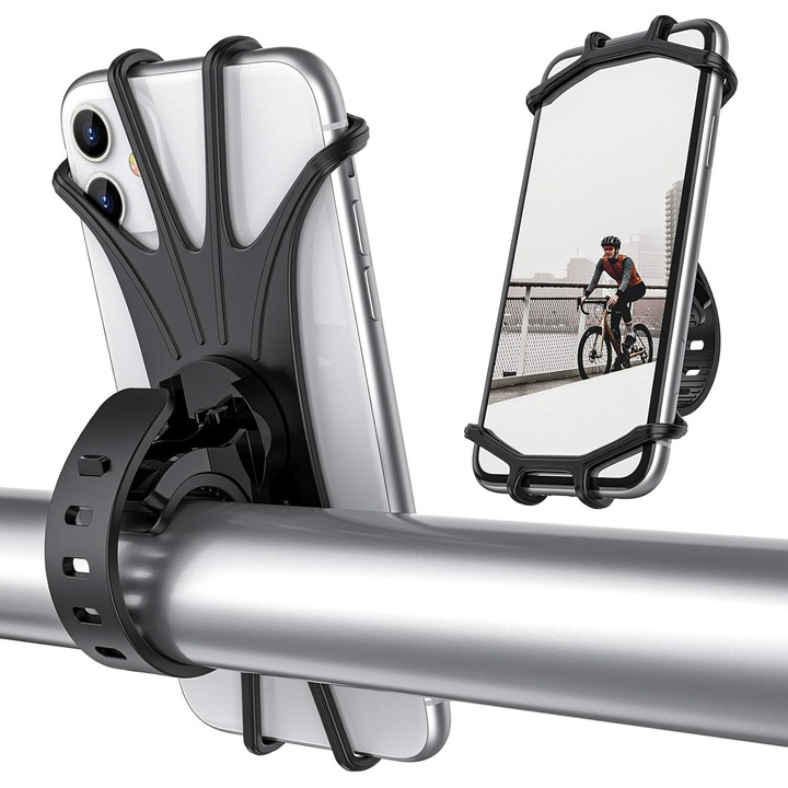 Suport universal pentru telefon de bicicleta, Enforose, rotire 360°, silicon elastic, compatibil cu dispozitive 4.0"-6.5", se potriveste cu ghidon 0.66"-1.68"
