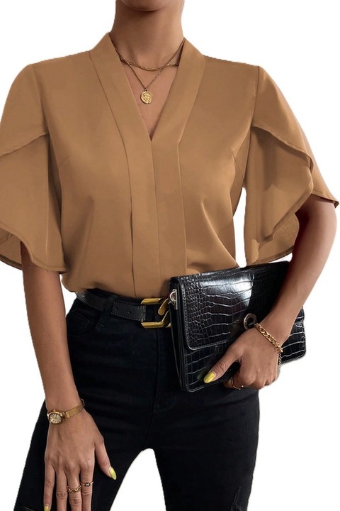 Camasa, Dama, Privé, Cu Maneci Petale Si Decolteu In V, Maro deschis