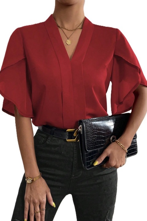 Camasa, Dama, Privé, Cu Maneci Petale Si Decolteu In V, Rosu inchis