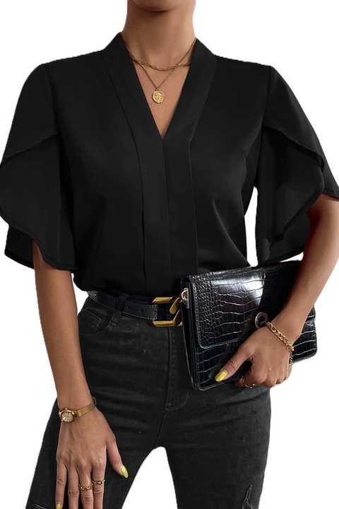 Camasa, Dama, Privé, Cu Maneci Petale Si Decolteu In V, Negru