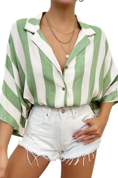 Camasa Dama, Cu Maneca Liliac, Imprimeu in Dungi, Alb/Verde, Multicolor