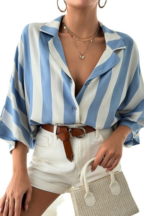 Camasa Dama, Cu Maneca Liliac, Imprimeu in Dungi, Alb/Albastru, Multicolor