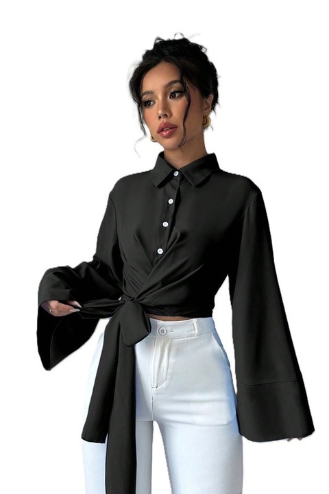 Camasa Dama, Eleganta, Maneci Evazate, Cu Nod, Negru