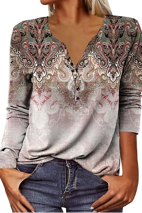 Camasa casual cu nasturi si guler rotund pentru femei, maneca lunga, cu imprimeu, tip tunica, ANGGREK, marime S