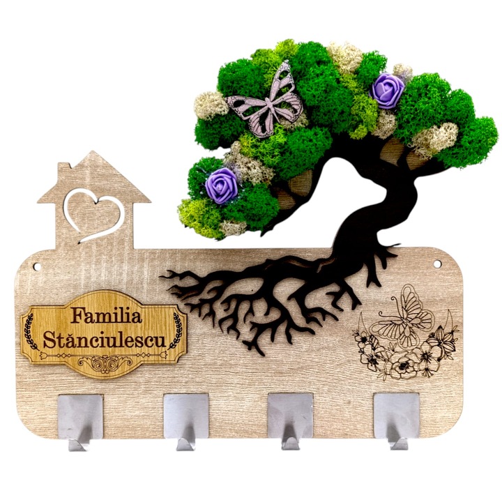 Cuier pentru perete, cadou personalizat decorat cu licheni si mesaj standard personalizat cu Numele Familiei, dimensiune 38x28cm