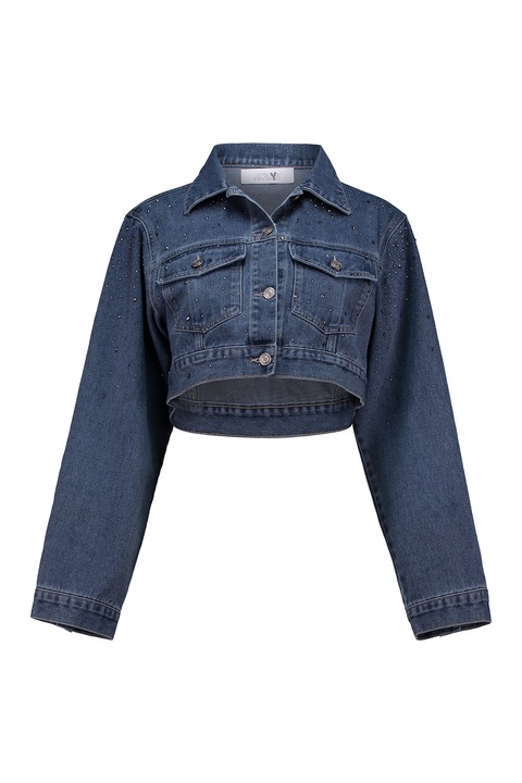 Hailys, Jacheta crop din denim cu aplicatii din strasuri, Albastru inchis