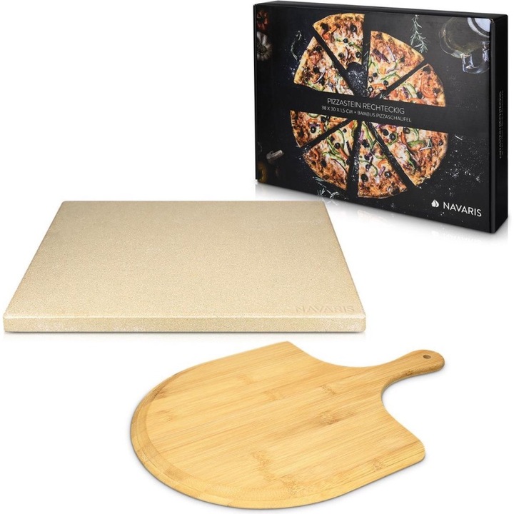 Set Piatra pizza 30 x 38 cm si lopata pizza din bambus, Bej, Navaris, 48593.01