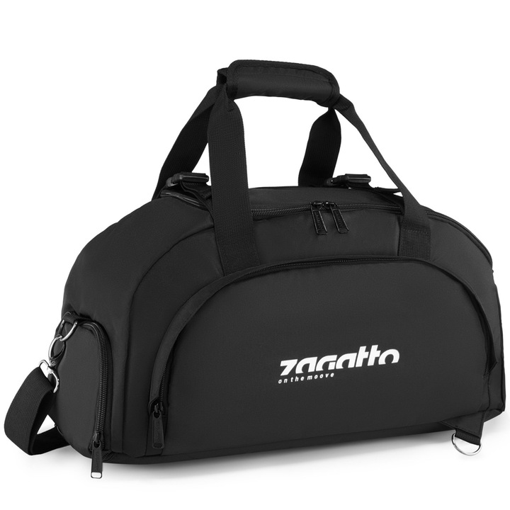 Geanta sport, fitness, Zagatto®, Neagra, 45x23x20 cm, 20L, Impermeabila, 2 in 1, Geanta si rucsac, Buzunar special pentru pantofi, Spatioasa, Curele compresie, O poti folosi ca si geanta sala, genata fitness sau geanta caltorie, ZG934
