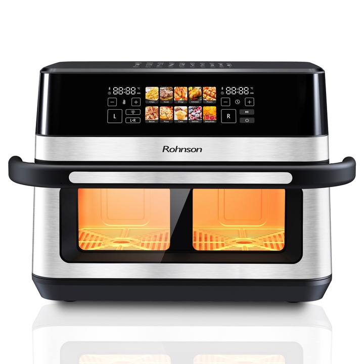 Rohnson R2882 2 az 1-ben forrólevegős fritőz, 2x6L, 2200W, 1 óra/24 óra időzítő, 60-200°C, gyümölcsaszalás, ILAG felületkezelés, LED digitális kijelző, 10 program, 3D 360°, világítás, túlmelegedés elleni védelem, automatikus kikapcsolás