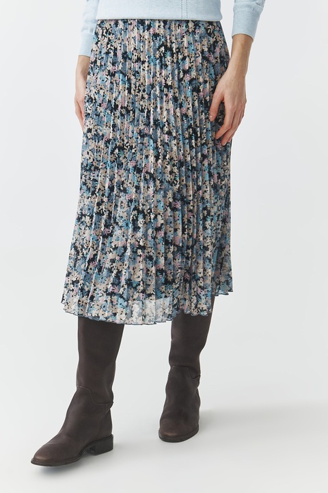 Tatuum, Fusta midi cu model floral, Negru/Albastru prafuit/Galben pal