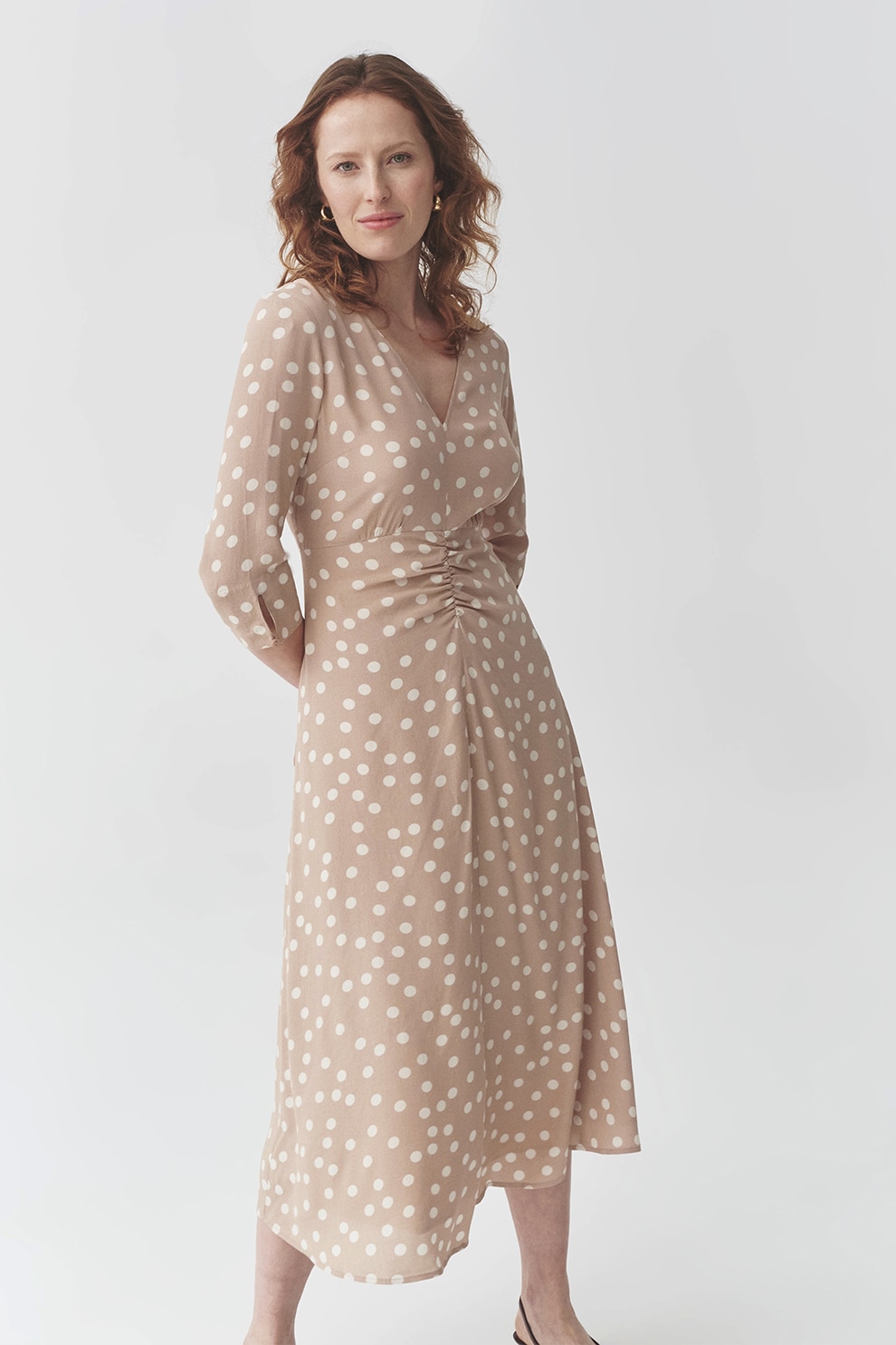 Tatuum, Rochie midi cu decolteu in V, Maro nisip, Alb optic, 38