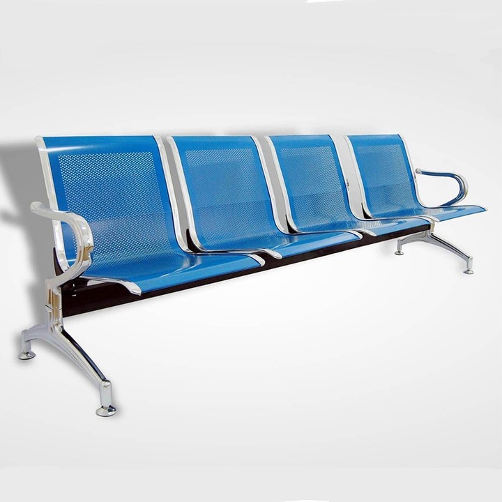 Пейка за чакане, 4 места, Хромирана стомана, 2380 x 650 x 780 мм, Син