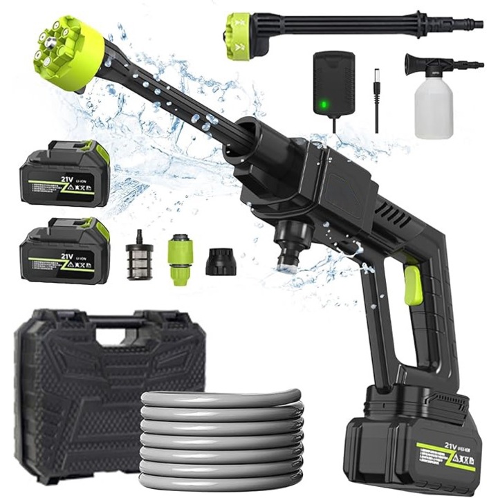 Aparat de spalat cu presiune portabil fara fir, 300W, furtun de apa 5m, 8L/min, 2 baterii, 30 bar, duza 6 in 1 Filtru si Duze incluse, Potrivit pentru masina, gradina si casa, Negru