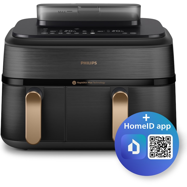 Фритюрник с горещ въздух и пара Philips Airfryer Series 5000 NA552/00, Двоен, 2 кошници за готвене, Капацитет 9 л, Цифров дисплей, Сензорен екран, 12 предварително зададени програми, Технология RapidAir Plus, Air Steam, Черен с медна дръжка