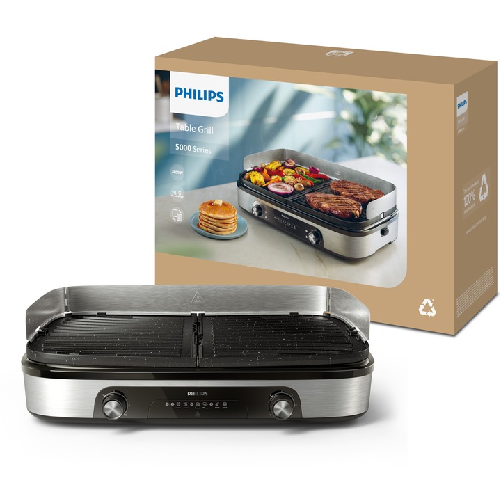 Електрическа скара Philips Series 5000 HD6222/90, 2400 W, Регулируема температура, 2 нагревателни зони, Обръщащи се и сваляеми плочи, Голяма повърхност за печене: 1400 см², Слой от камък Maifan, Сваляема тава за мазнина