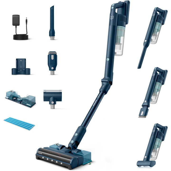 Вертикална прахосмукачка Philips Flex XC5244/10, Aqua, Време на работа до 60 минути, Технология PowerCyclone 10, TriActive с LED, 3 настройки, Гъвкава тръба, 3-степенна система за филтриране, Цифров дисплей, Четка за косми от домашни любимци