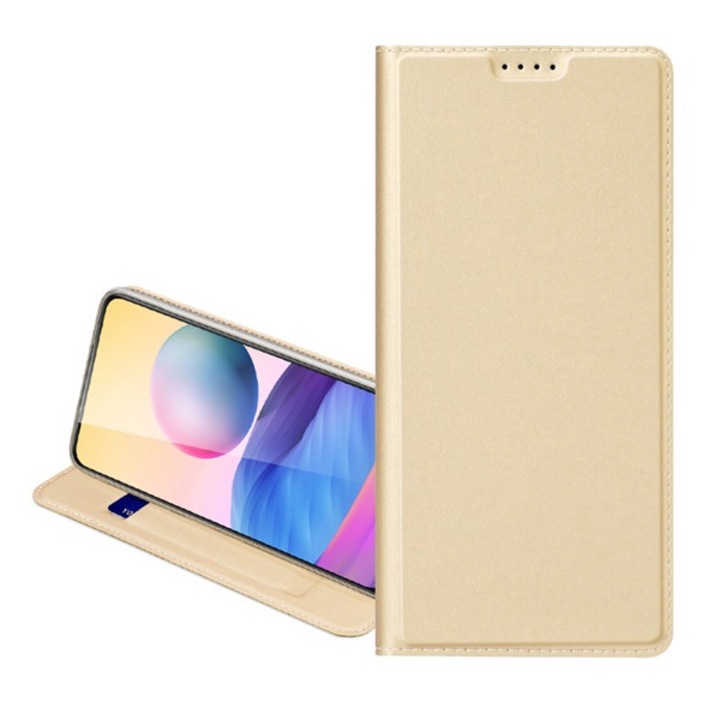 Dux ducis skin pro mobiltelefon tok álló, bőr hatású, flip, oldalra nyíló, kártyazseb, asztali tartó, arany, kompatibilis: Xiaomi Redmi 9C / Redmi 10A
