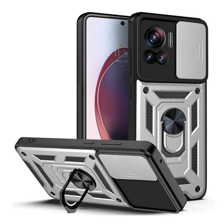 Gigapack defender szilikon mobiltelefon tok, ütésállóság, tartógyűrű, kameravédő, ezüst, kompatibilis: Motorola Edge 30 Ultra, XT2201