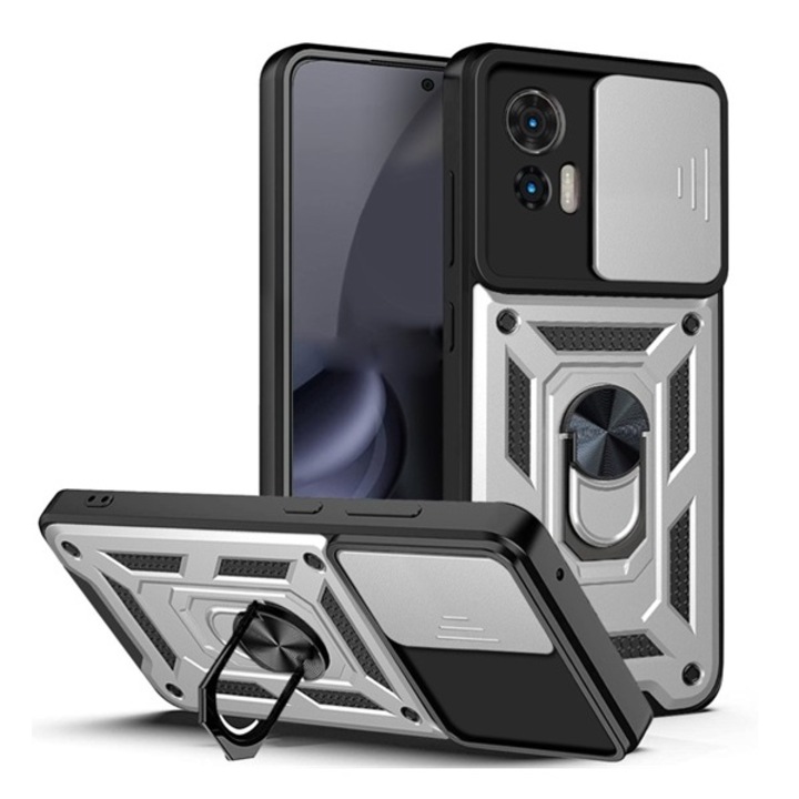 Gigapack defender szilikon mobiltelefon tok, ütésállóság, tartógyűrű, kameravédő, ezüst, kompatibilis: Motorola Edge 30 Neo, XT2245-1