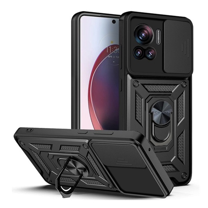 Gigapack defender szilikon mobiltelefon tok, ütésállóság, tartógyűrű, kameravédő, fekete, kompatibilis: Motorola Edge 30 Ultra, XT2201