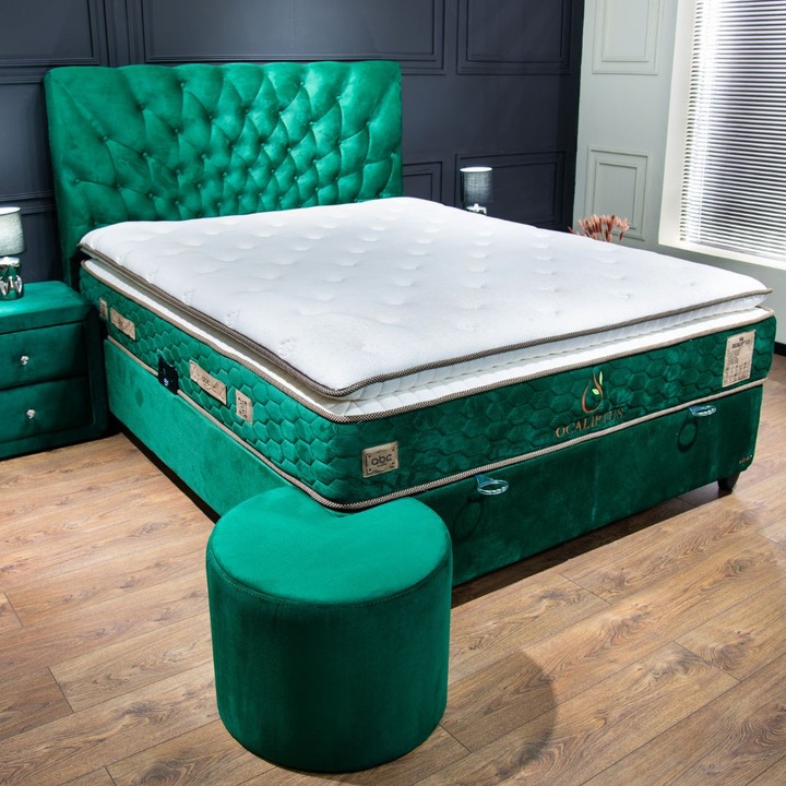 Pat Tapitat Verde Opera 180x200 cm, cu Somiera Rabatabila, Lada Depozitare – Design Elegant & Functional