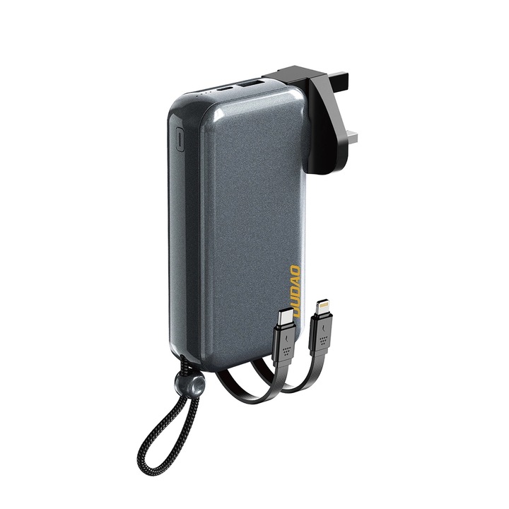 Dudao K25 hordozható külső akkumulátor, 10000 mAh, USB/USB-C, beépített USB-C és Lightning kábelek, szürke