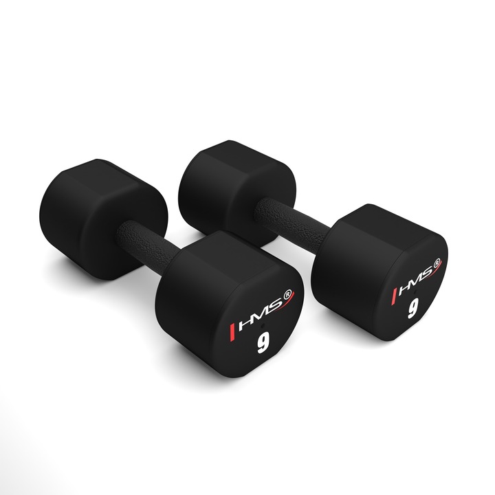 Set 2 gantere HPT HMS, 2x9 kg, otel/TPU, negru, 28,1x11,1x8cm