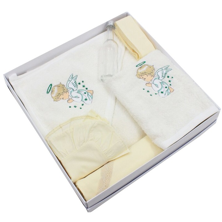 Trusou botez bumbac, ingeras verde, 6 piese, crem