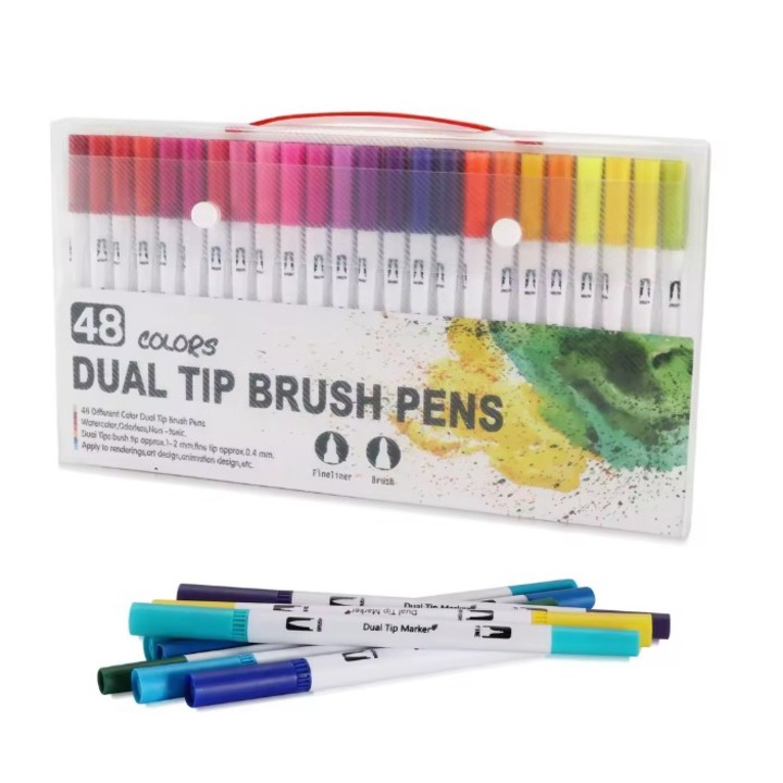 48 jelölőkészlet felnőtteknek, EVNC, Art Marker Dual Brush, 1 ecsetfej és 1 részletfej