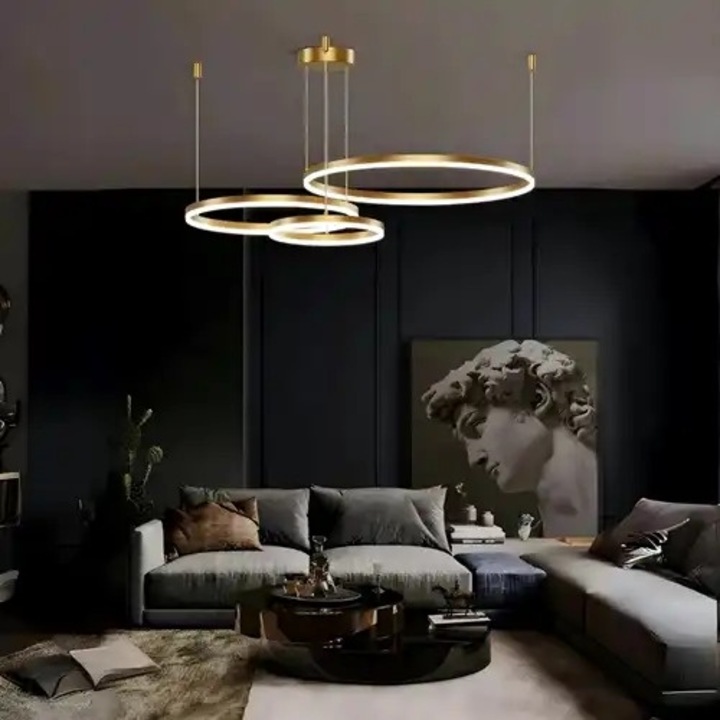 Lustra LED cu 3 tipuri de lumina si telecomanda, aurie, rotunda, 161W, intensitate reglabila, lumina rece/neutra/calda, 60x60x90cm, IP21, suspendata, montaj tavan, LED CONCEPT