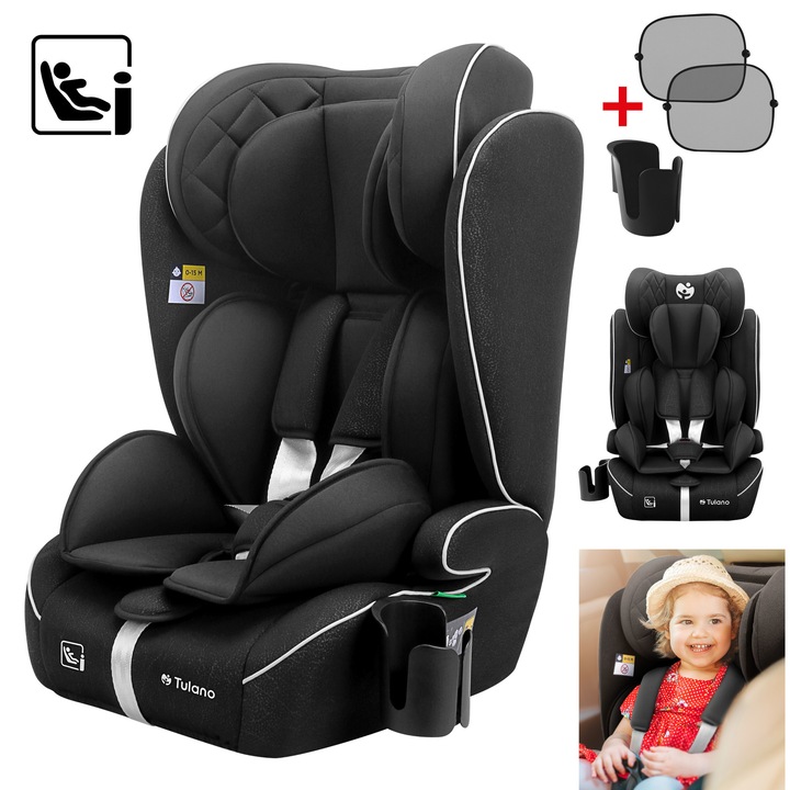 Scaun Auto, Tulano, Zooma 25, i-Size, reglarea tetierei in 13 trepte, Insertie de reducere, centura de siguranta in 5 puncte, Guard Fix, 9-36 kg, 76 -150cm, 105-150 cm, Perna Pentru Cap, de la 15 luni la 12 ani, Orientat In Directia de Deplasare, Negru