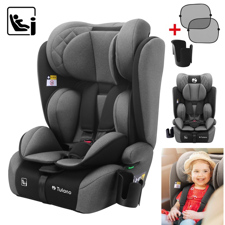 Scaun auto Tulano, Zooma 25, i-Size, Reglarea Tetierei in 13 trepte, perna pentru cap, Centura de Siguranta 5 Puncte, Tapiterie detasabila, Suport pentru pahar, 9-36 kg, FWF, 76 -150cm, Gri-Negru