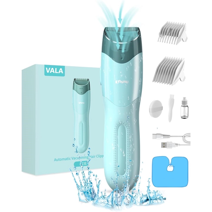 Бебешка и детска машинка за подстригване с вакуум VALA® Baby V823E, безжична, ултра тиха, батерия, USB акумулаторна батерия, индикатор, керамични остриета, IPX7 водоустойчивост, включени гребени, зелена
