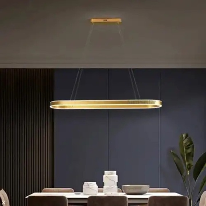 Lustra LED suspendata cu telecomanda, aurie, rotunda, 120W, 3 functii de lumina, calda/naturala/rece, intensitate reglabila, dimensiune 80x30x100cm, IP21, montaj tavan, LDC