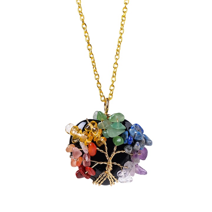 Pandantiv din piatra semipretioasa, obsidian, fundal negru cu decor colorat, 3.5cm, 16g