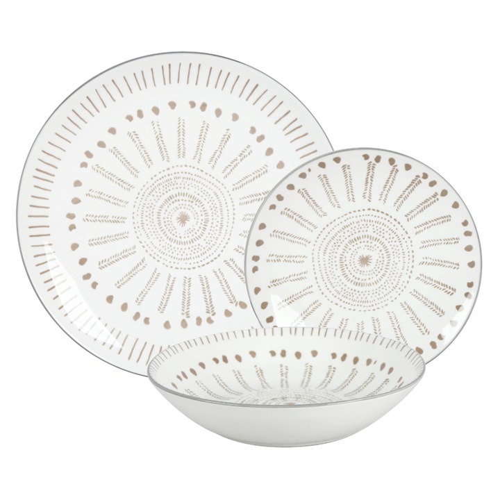 Serviciu de masa 18 piese, ceramica cu design modern, 6 farfurii intinse, 6 farfurii adanci, 6 farfurii desert Dakar Tortora Borella