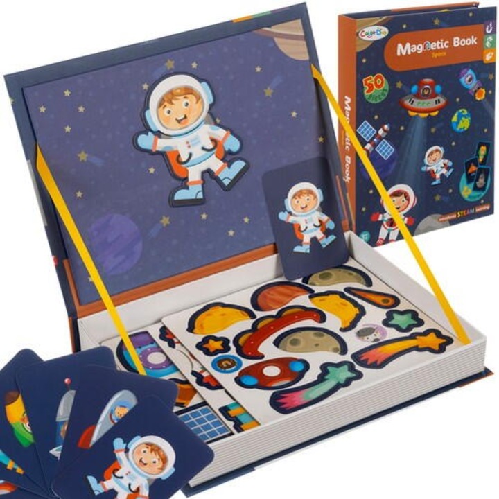 Carte tip Puzzle Magnetic, Set 50 magneti, 6 Cartonase Duble, Tema cosmos