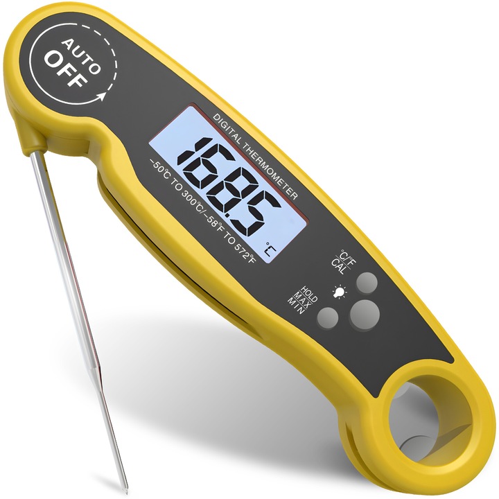 Termometru Digital de Bucatarie RETOO KitchenPro, Interval de Temperatura -50°C +300°C, Rezistenta la Apa IPX6, Ecran LCD Iluminat, Sonda Pliabila din INOX, Prindere Magnetica, pentru Cuptor, Gratar, Carne, Prajituri, Alimente si Bauturi, Galben-Negru