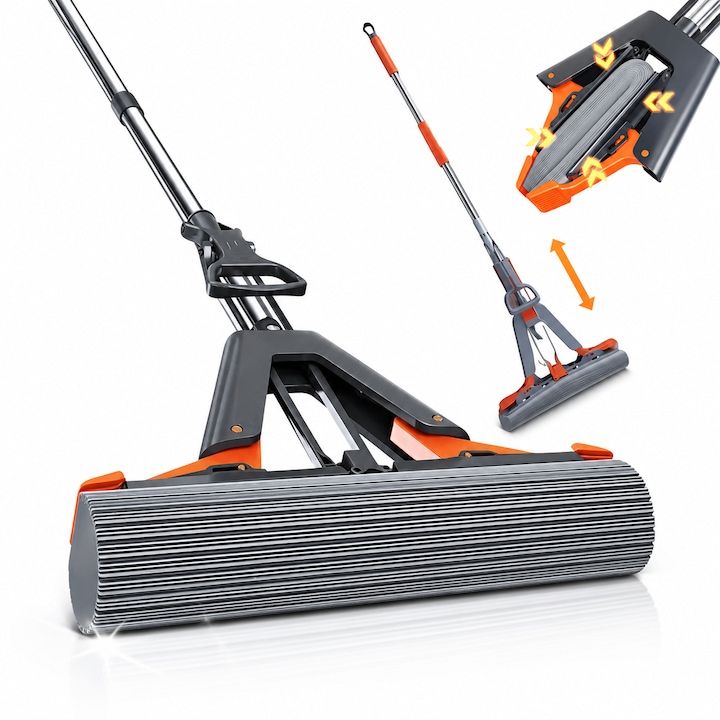 Mop Super Absorbant Macvi® 38 cm cu Burete PVA Premium Sistem Stoarcere Automat Hands Free Maner Telescopic Curatare Rapida pentru Parchet Gresie Laminat Marmura Negru Portocaliu