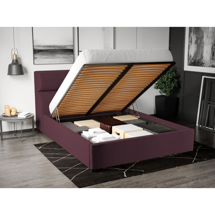 Pat Tapitat, 160x200, Galileo cu Somiera Rabatabila si lada - Mov/Riviera 69