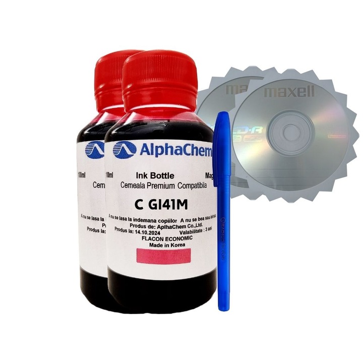 Tintapalack készlet, kompatibilis Canon GI41 2x100ml bíbor, zselés toll és 2db Maxell Cd-r