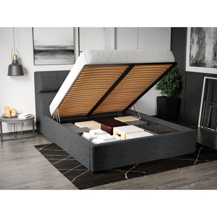 Pat Tapitat, 160x200, Galileo cu Somiera Rabatabila si lada - Gri Inchis/Coral 80