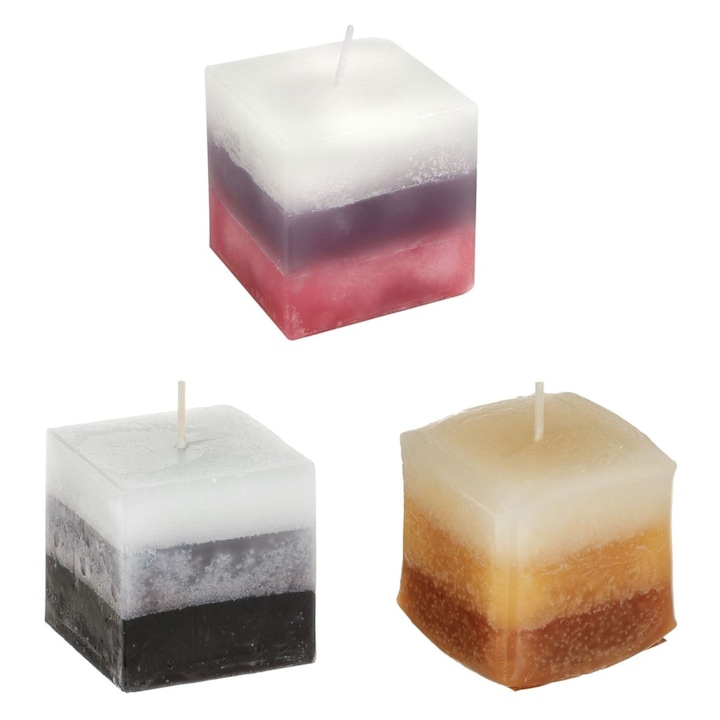 Комплект от 3 квадратни ароматизирани свещи, орхидея, кафе и черно, 5x5x5 см