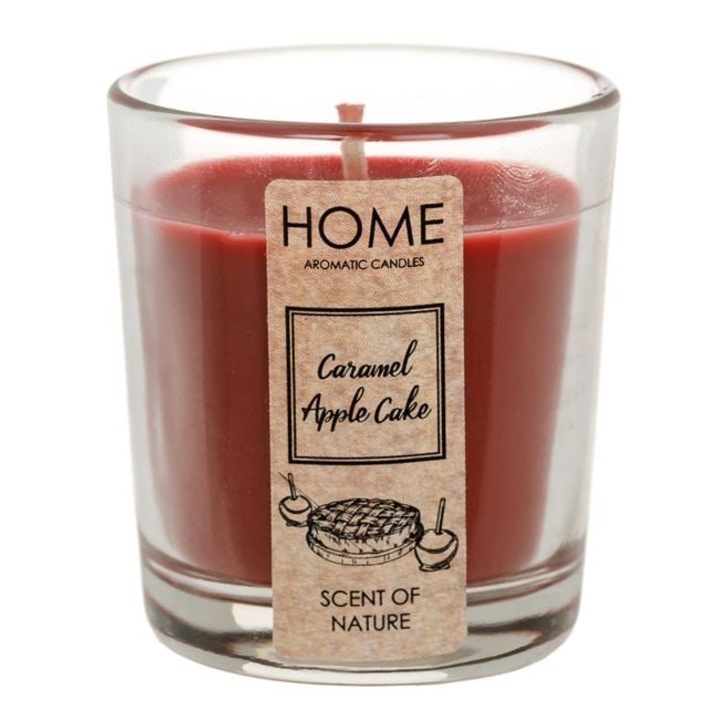 Червена ароматизирана свещ в стъкло с аромат на карамелен ябълков сладкиш Ø5x6.5см